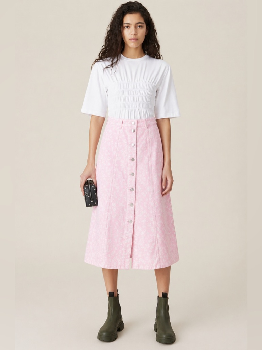 GANNI Cherry Blossom Floral Denim Midi Skirt Size 36 Pink Button Front